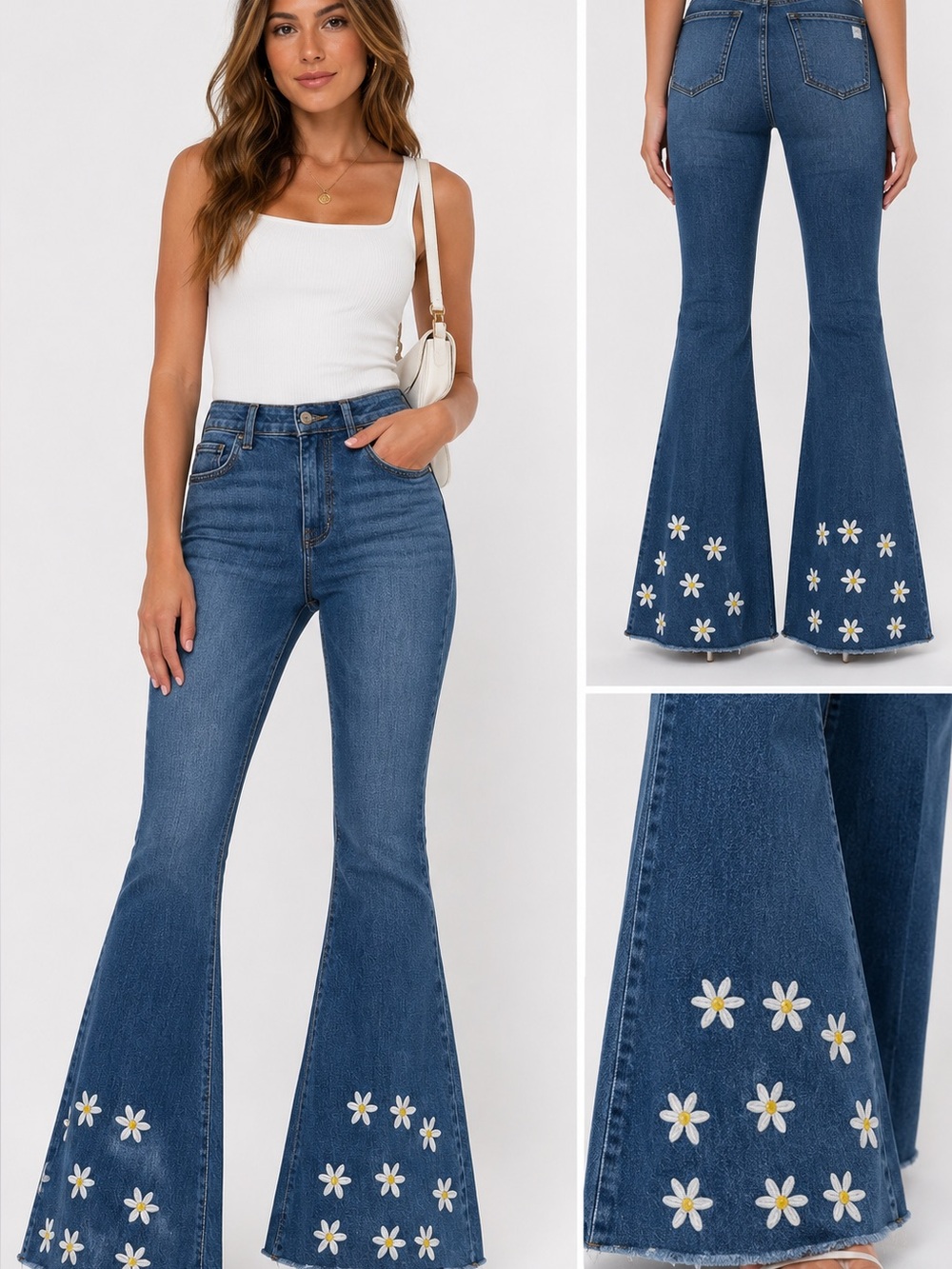 Forever 21 premium size 25Retro Daisy Embroidered High-Rise Flare Jeans - Blue